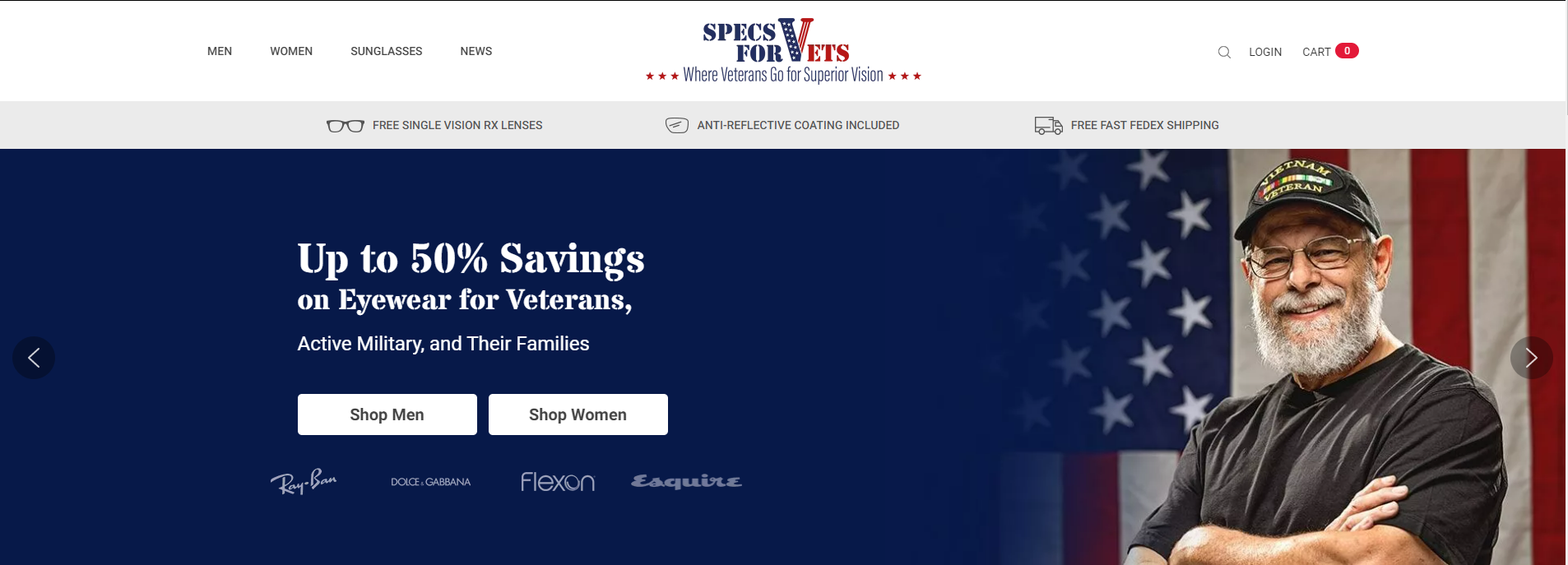 Specs for Vets website banner. A man in the right corner smiling with an american flag as his background. On the left side of the image a 50% savings offer on eyewear for veterans.
