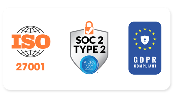 An image of certificates. The first cert is ISO, the second is SOC 2 Type 2, and the third is GDPR Complaint