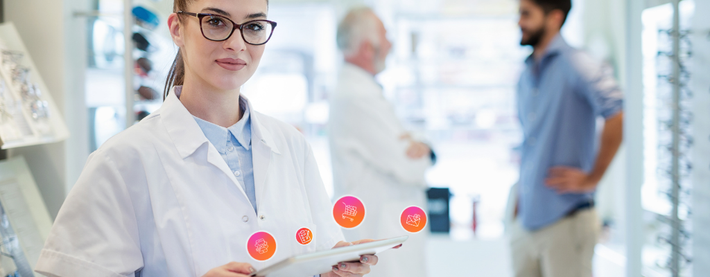 Female optometrist holding a tablet inside a modern optical practice, with digital marketing icons representing online booking, reviews, and eCommerce.