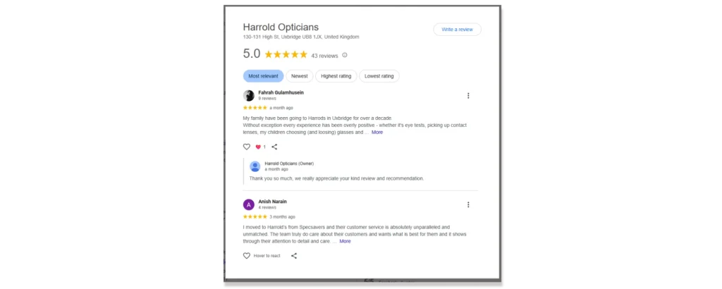 Screenshot of Google reviews for Harrold Opticians in Uxbridge, UK, showing a 5.0-star rating based on 43 reviews, with visible five-star customer reviews and an owner response thanking a reviewer.