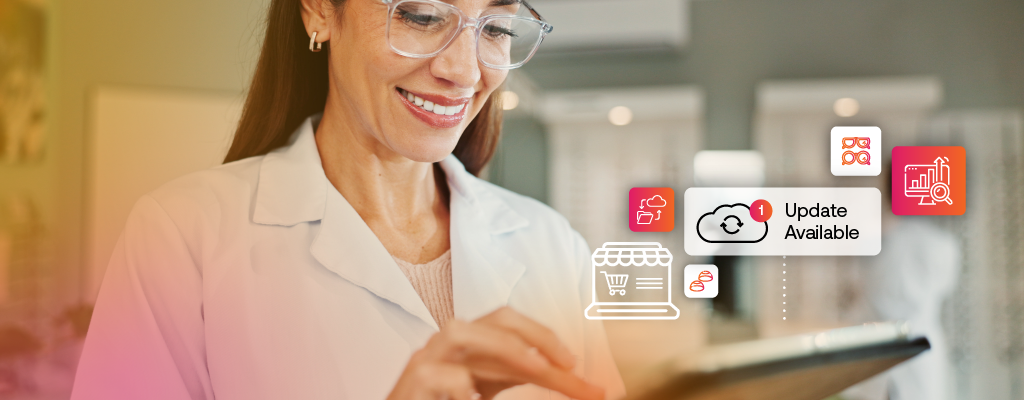 Optometrist wearing glasses and a white coat using a tablet, with overlay icons representing cloud software, online store, billing, analytics, and an “Update Available” notification.