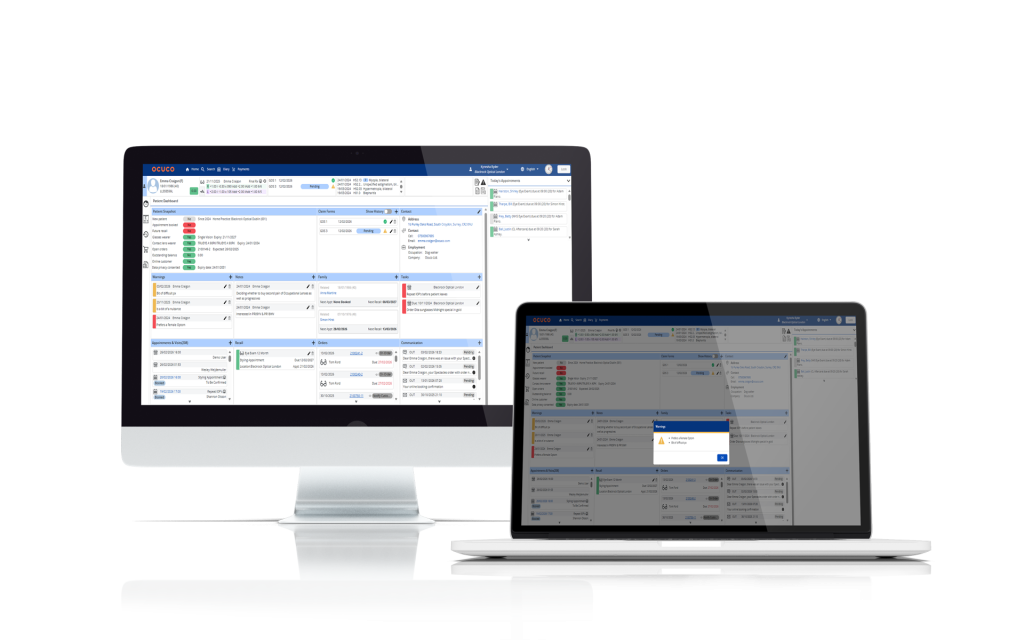 Acuitas 3 cloud-based EHR displayed on desktop and tablet screens, showing clinical dashboard and real-time user alerts.