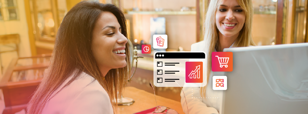 Optical store staff using optical shop management software with icons representing billing, reporting, and retail workflow features.