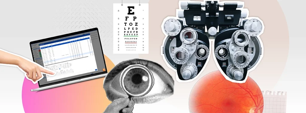 Collage-style image showing optometry tools and digital workflows, including a phoropter, eye chart, retinal scan, and a laptop displaying practice management software, representing how to choose the right EHR system for an optometry practice.