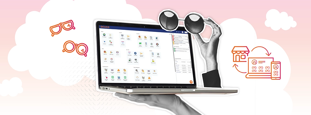 Collage-style banner showing a laptop displaying Ocuco optical software, held by a hand, with a hand holding sunglasses above it. The background features soft pink clouds and line icons of glasses, a shopfront, and connected digital screens, suggesting cloud-based management for optical businesses.