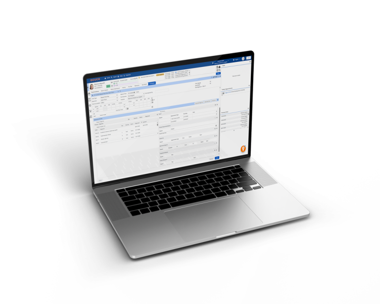 Laptop displaying Ocuco software interface on a clean, abstract black-and-white background, highlighting a patient management or recall and communication dashboard.