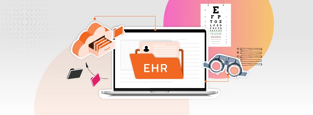 give me an alt text description16:48Claude responded: Illustration of a laptop displaying an EHR (Electronic Health Records) folder, surrounded by optometry-related icons including a cloud filing system, an eye ch…Illustration of a laptop displaying an EHR (Electronic Health Records) folder, surrounded by optometry-related icons including a cloud filing system, an eye chart, a trial frame, and migrating file icons, representing the process of switching optometry practice management software.