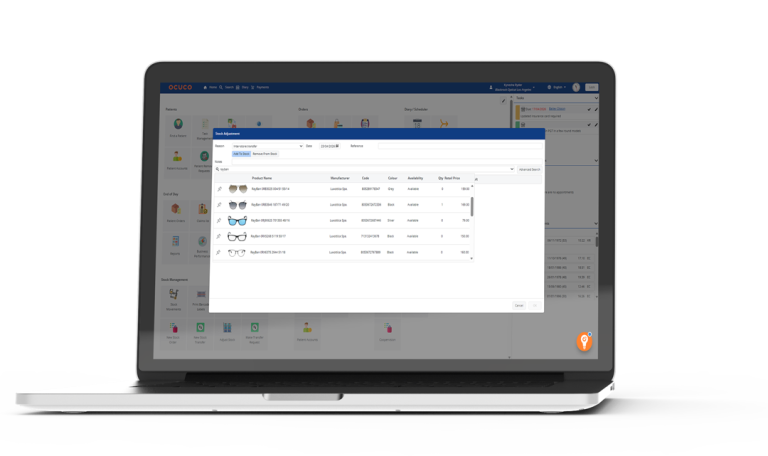 Screenshot of the Ocuco practice management software displayed on a laptop, showing the Stock Adjustment screen with an inter-store transfer in progress, listing RayBan frames by manufacturer, colour, availability, and retail price.