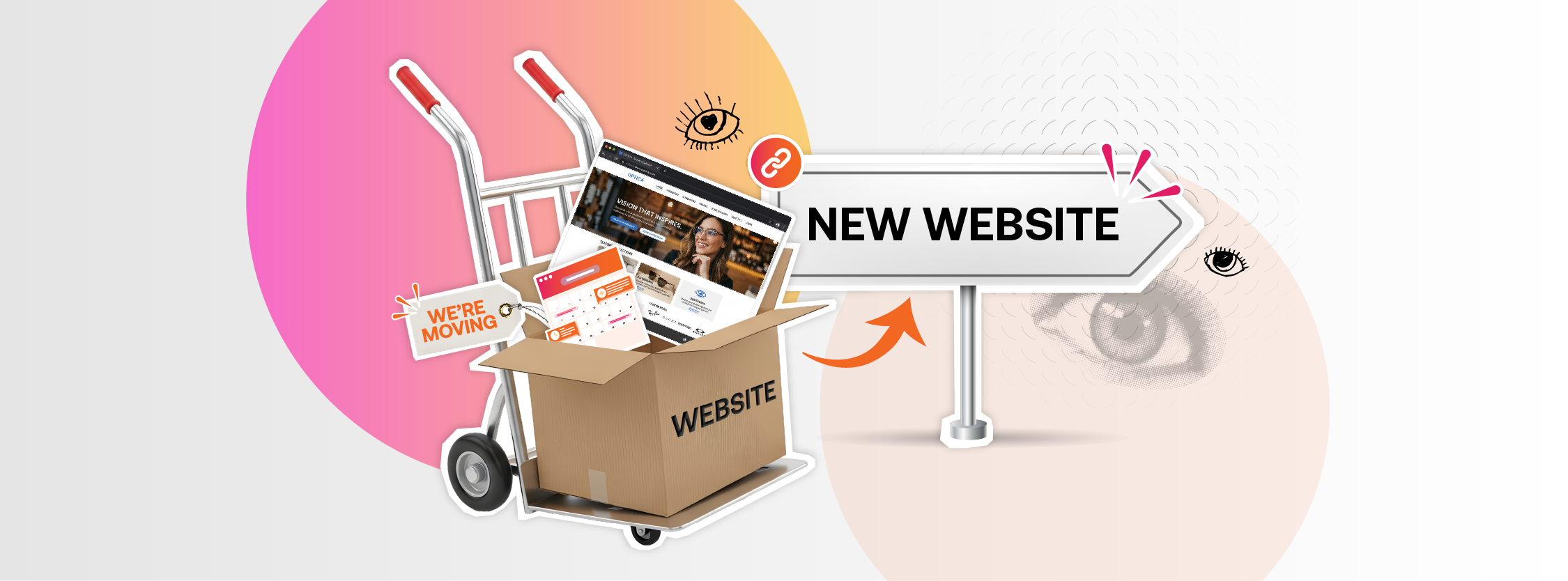 Moving box filled with optical website pages on a trolley beside a “New website” sign, illustrating a change of website provider.